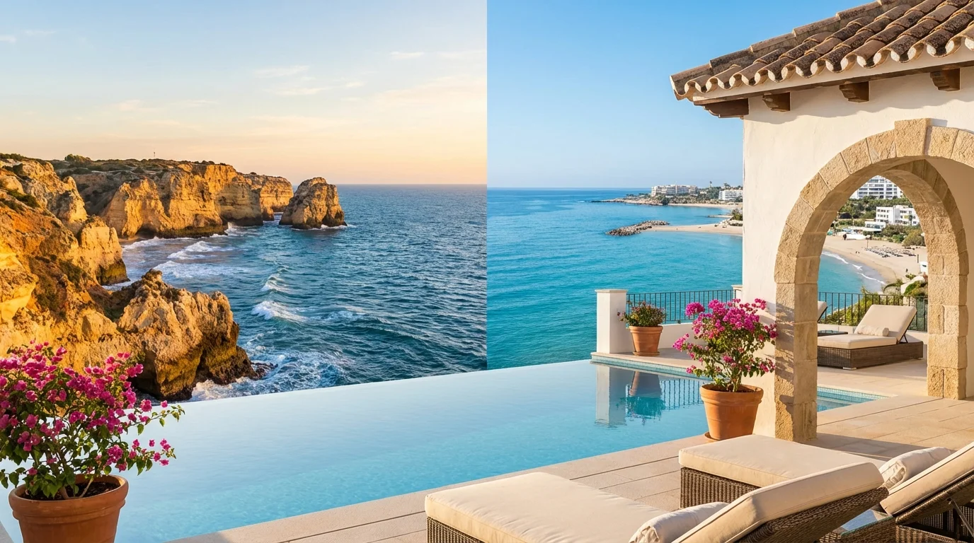 Porównanie widoków z tarasu willi: klify Algarve w Portugalii (lewa) i plaża Costa del Sol w Hiszpanii (prawa) z basenem infinity.