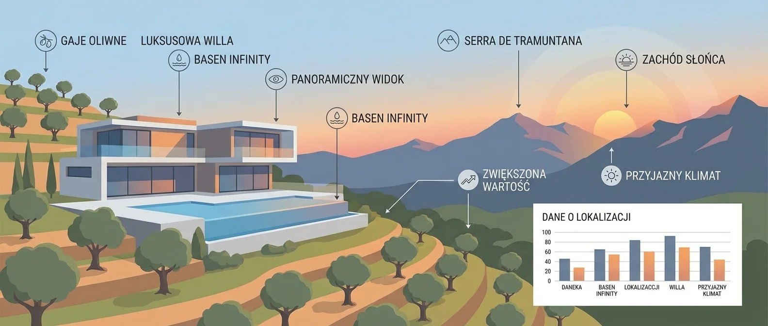 Panoramiczny widok na luksusową willę na Majorce z basenem infinity, otoczoną gajami oliwnymi, z widokiem na góry Serra de Tramuntana o zachodzie słońca.