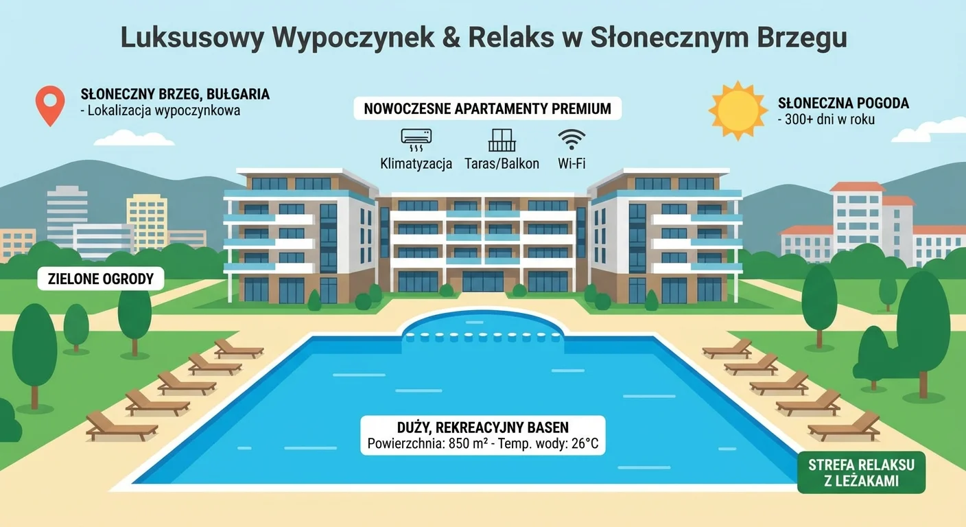 Jasne, słoneczne zdjęcie nowoczesnego kompleksu apartamentów z dużym, błękitnym basenem w Słonecznym Brzegu. W tle widać zieleń i fragmenty innych budynków, co tworzy atmosferę wakacyjnego luksusu i relaksu.