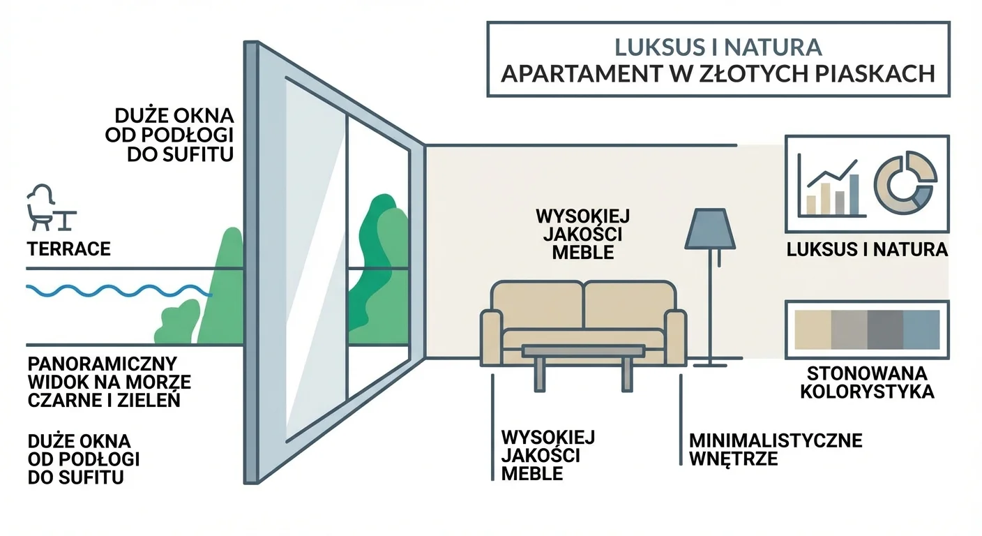 Eleganckie wnętrze nowoczesnego apartamentu w Złotych Piaskach. Duże okna od podłogi do sufitu otwierają się na taras z panoramicznym widokiem na Morze Czarne i otaczającą zieleń. Wnętrze jest minimalistyczne, z wysokiej jakości meblami i stonowaną kolorystyką.