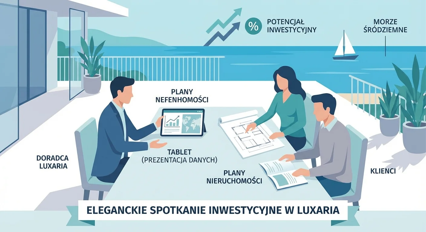 Eleganckie spotkanie doradcy Luxaria z klientami na tarasie luksusowej willi, z widokiem na Morze Śródziemne. Na stole leżą plany nieruchomości i tablet.