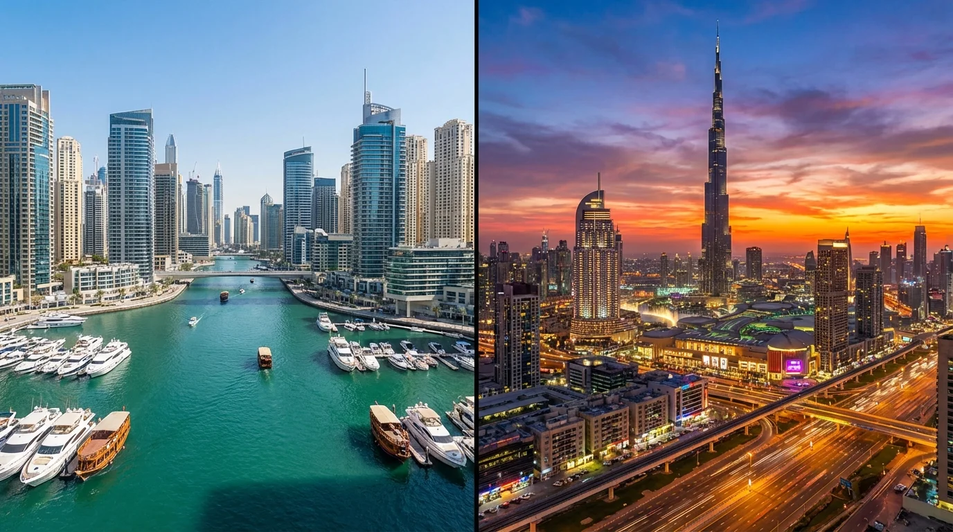 Dzielony obraz pokazujący Dubai Marina z jachtami w dzień (lewa strona) i Downtown Dubai z Burj Khalifa o zachodzie słońca (prawa strona).