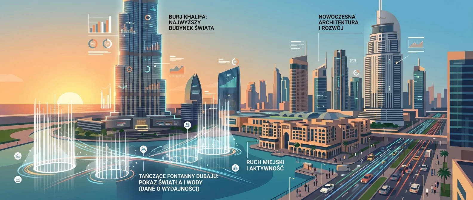 Panoramiczny widok na Downtown Dubai o zachodzie słońca, z podświetlonym Burj Khalifa i Tańczącymi Fontannami w pełnej krasie. W tle widać nowoczesne wieżowce i tętniące życiem ulice dzielnicy.