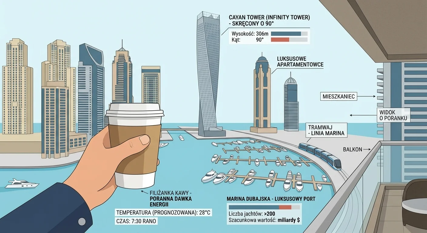 Zdjęcie z perspektywy mieszkańca Dubai Marina, siedzącego na balkonie luksusowego apartamentu z filiżanką kawy. W tle widać marinę wypełnioną jachtami i słynny, skręcony Cayan Tower o poranku.