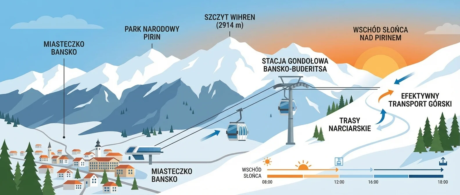 Panoramiczny widok na ośnieżone szczyty gór Pirin nad miasteczkiem Bansko, z widoczną nowoczesną gondolą wjeżdżającą w góry o wschodzie słońca.