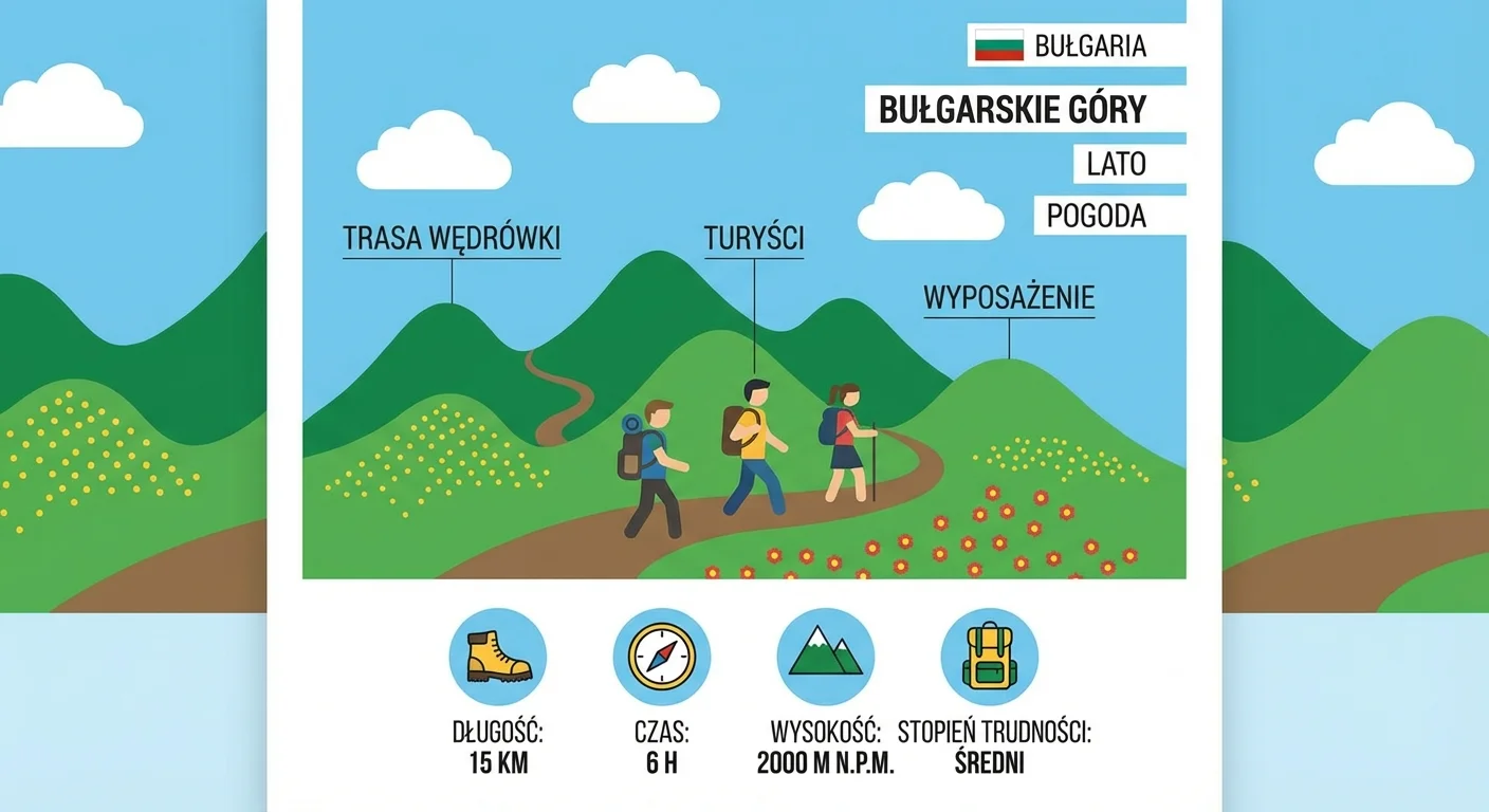 Grupa turystów z plecakami wędrująca latem po zielonym, kwiecistym grzbiecie górskim w Bułgarii, z błękitnym niebem i malowniczymi chmurami w tle.