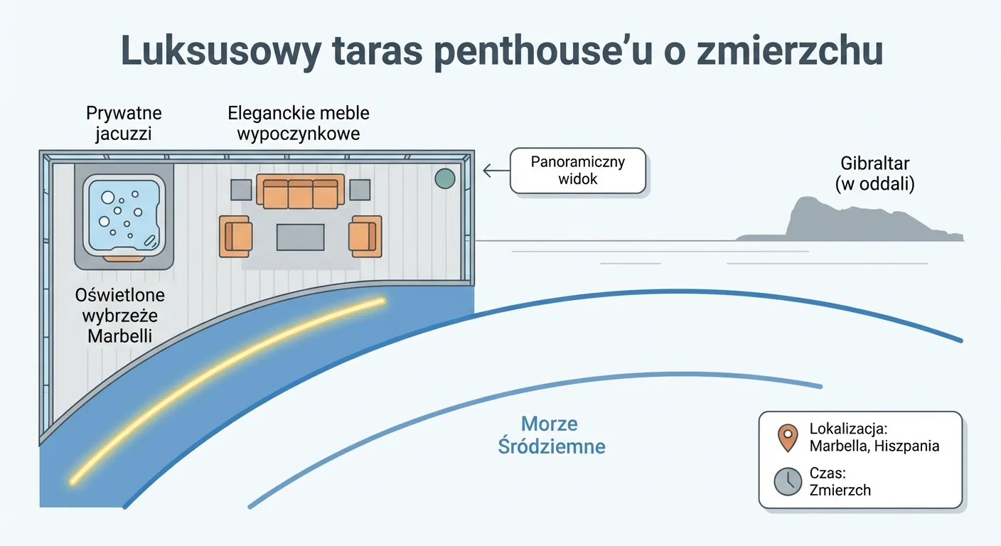 Luksusowy taras penthouse'u o zmierzchu, z prywatnym jacuzzi, eleganckimi meblami wypoczynkowymi i panoramicznym widokiem na Morze Śródziemne oraz oświetlone wybrzeże Marbelli. W oddali widać zarys Gibraltaru.
