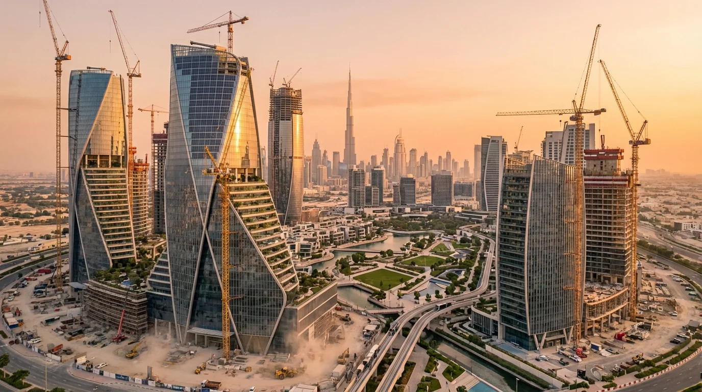 Panorama Dubaju o zachodzie słońca z widokiem na nowe, luksusowe wieżowce w budowie, liczne żurawie i Burj Khalifa w tle.