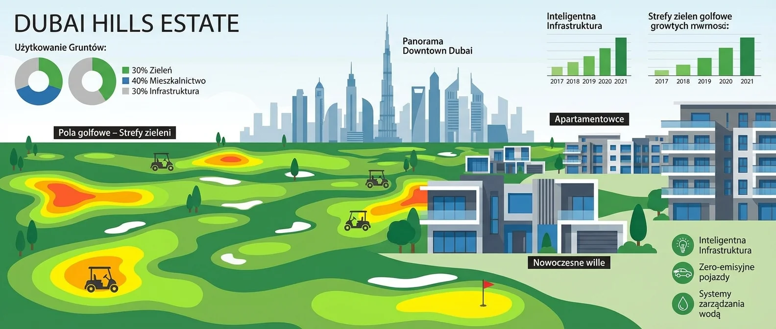 Panoramiczny widok na Dubai Hills Estate, ukazujący bujną zieleń pól golfowych kontrastującą z nowoczesnymi willami i apartamentowcami, z panoramą Downtown Dubai w tle.