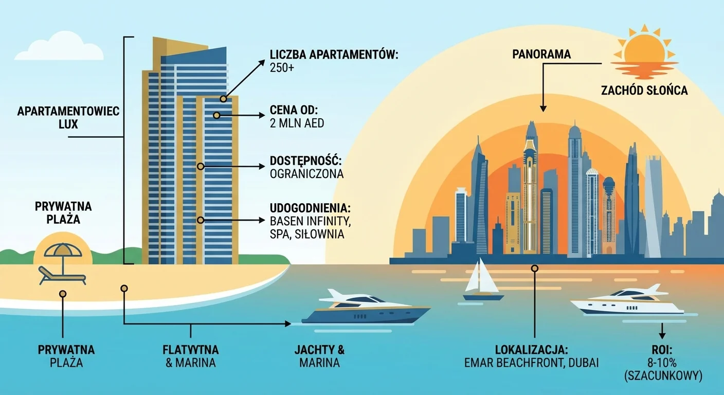 Nowoczesna wizualizacja luksusowego apartamentowca na Emaar Beachfront o zachodzie słońca, z prywatną plażą, jachtami i widokiem na panoramę Dubai Marina.