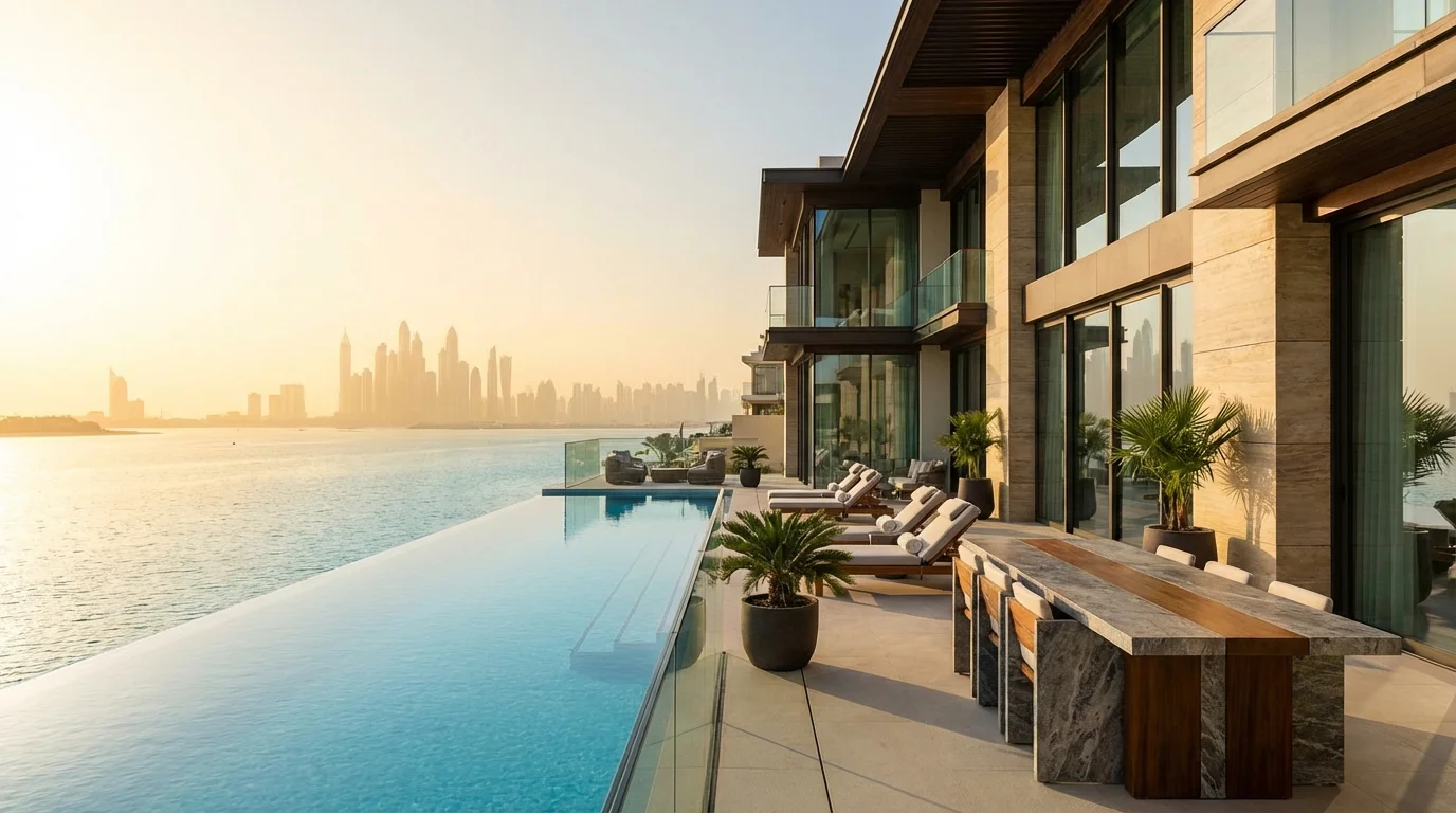 Luksusowa willa na Palm Jumeirah w Dubaju z basenem bez krawędzi i tarasem, z widokiem na panoramę miasta o zachodzie słońca.