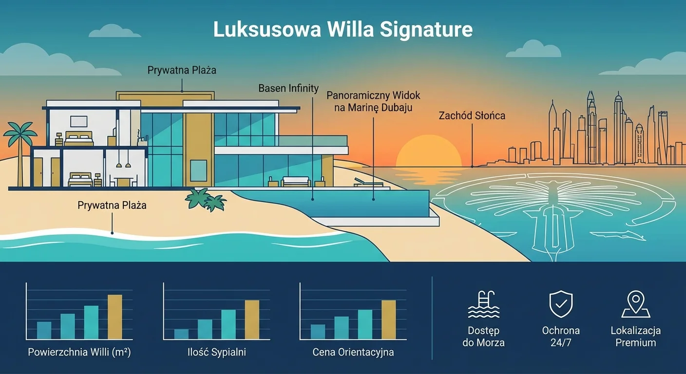Luksusowa willa typu Signature na Palm Jumeirah z prywatną plażą, basenem infinity i panoramicznym widokiem na marinę Dubaju o zachodzie słońca.
