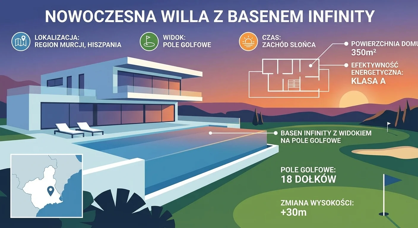 Nowoczesna willa z basenem typu infinity z widokiem na pole golfowe w regionie Murcji, o zachodzie słońca.