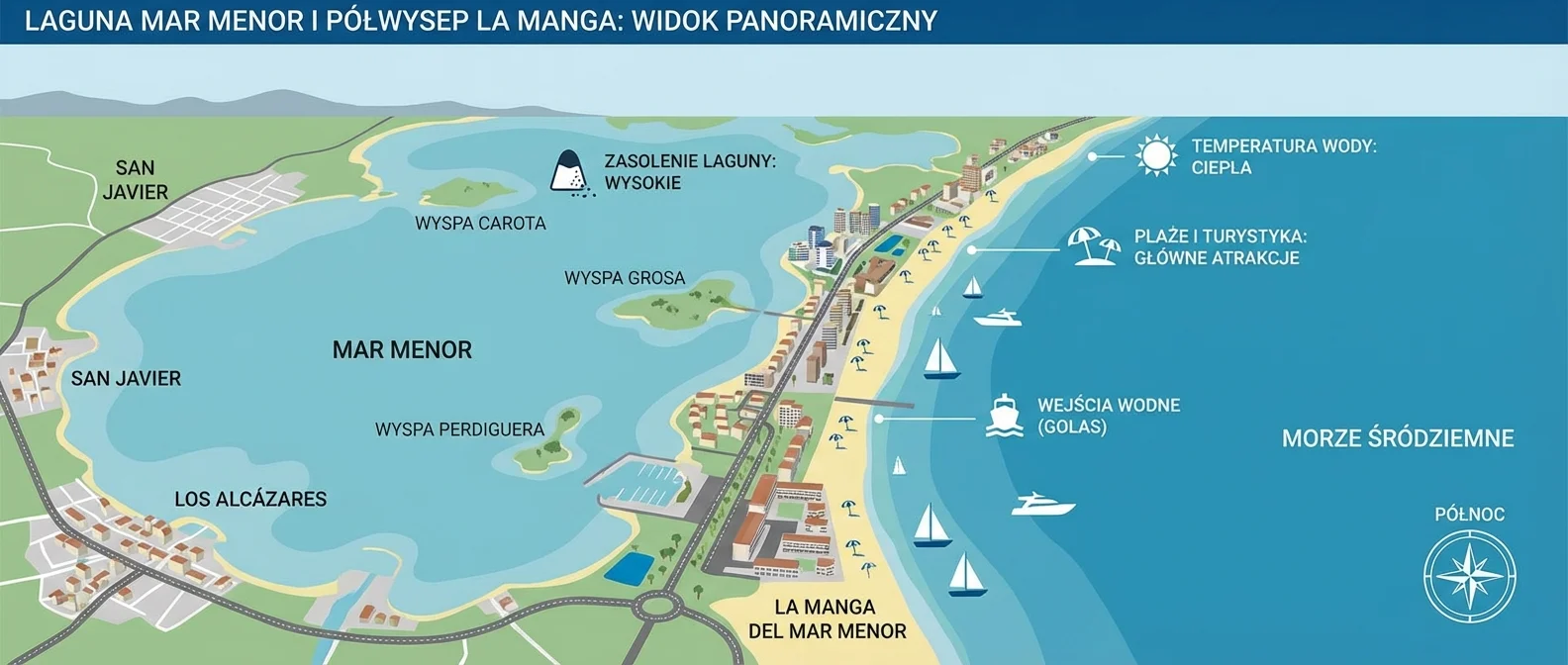 Panoramiczny widok na lagunę Mar Menor z lotu ptaka, z pasem lądu La Manga oddzielającym ją od Morza Śródziemnego.