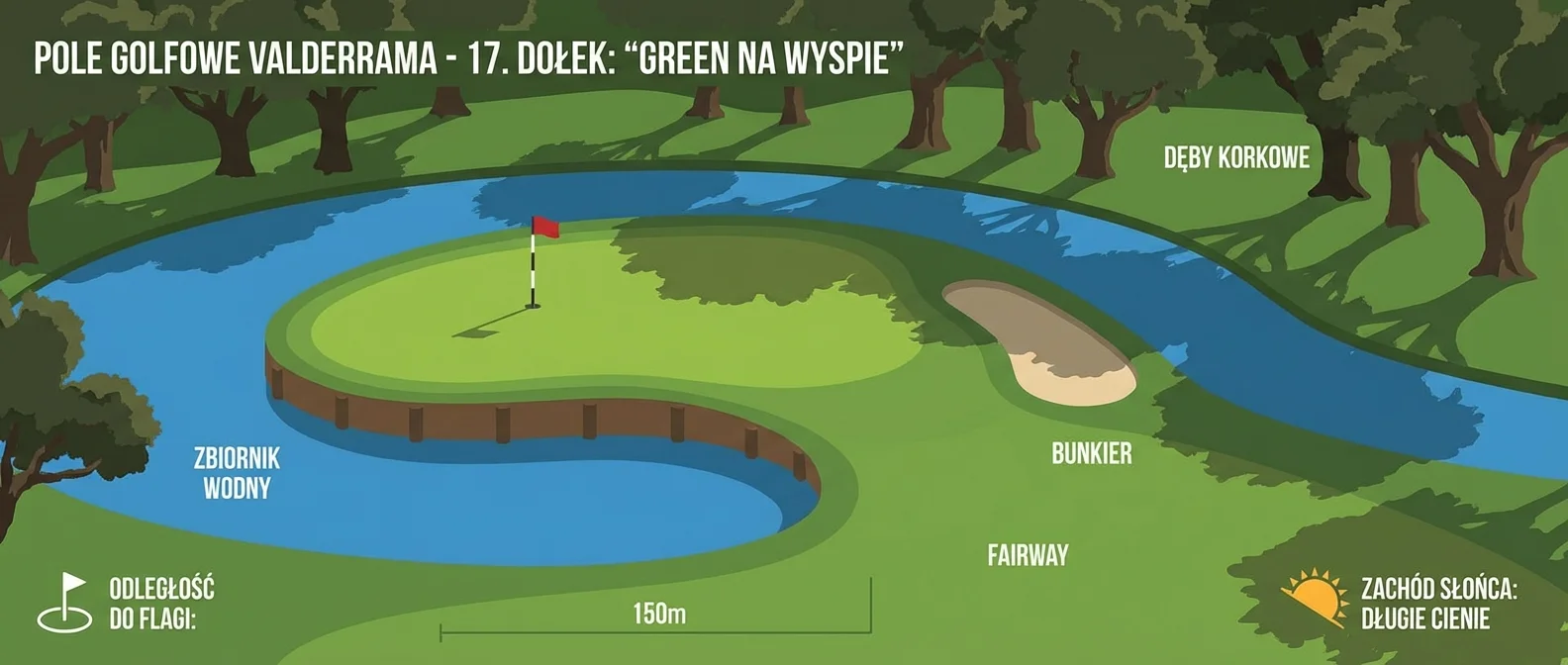 Panoramiczne ujęcie legendarnego 17. dołka na polu golfowym Valderrama, z charakterystycznym greenem otoczonym wodą i starymi dębami korkowymi w tle. Słońce rzuca długie cienie na idealnie przystrzyżoną trawę.