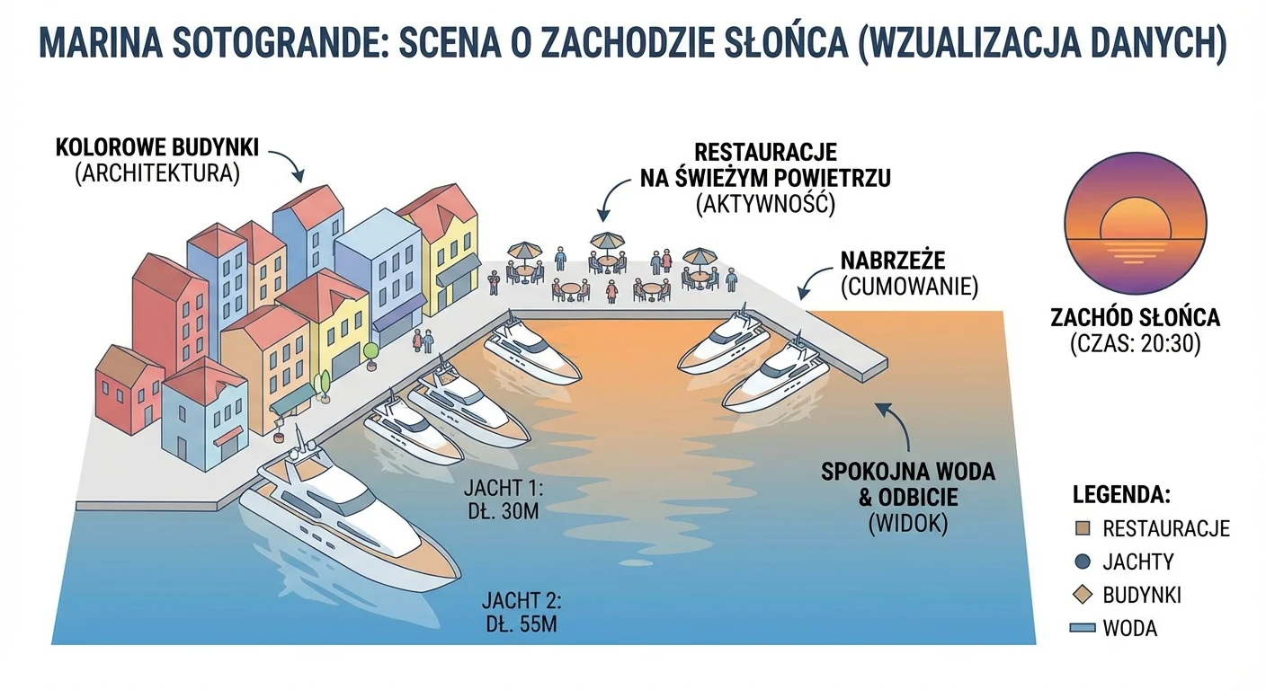 Tętniąca życiem scena w Marinie Sotogrande o zachodzie słońca. Luksusowe jachty są zacumowane wzdłuż nabrzeża, a ludzie siedzą w eleganckich restauracjach na świeżym powietrzu, ciesząc się posiłkiem. Kolorowe budynki odbijają się w spokojnej wodzie, tworząc malowniczy widok.