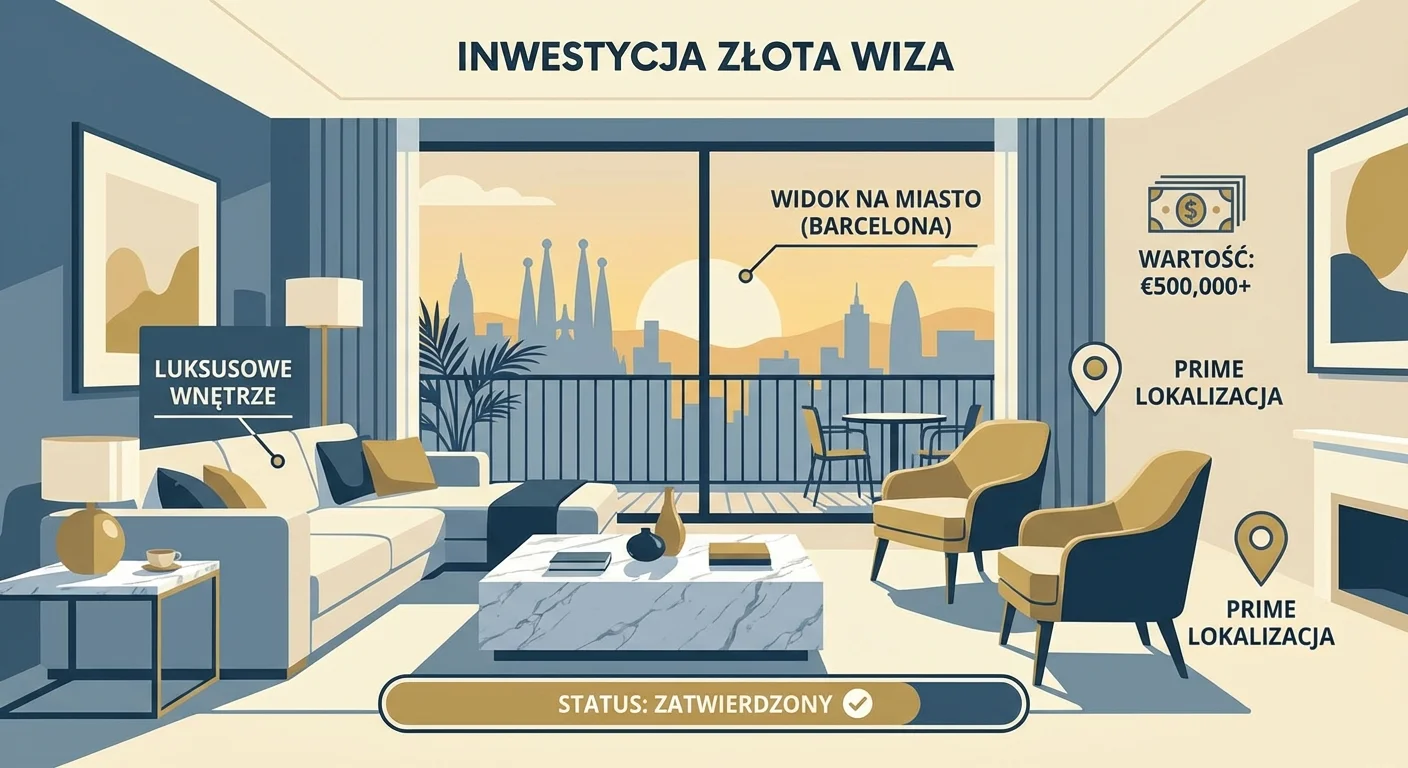 A stunning, luxurious apartment interior with a view of a Spanish city skyline, like Madrid or Barcelona, representing a prime Golden Visa investment.