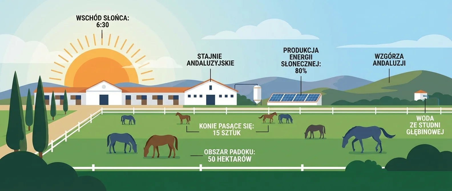 Panoramiczny widok na andaluzyjską fincę o wschodzie słońca, z białymi stajniami w tle i końmi pasącymi się na zielonym padoku. W oddali widać łagodne wzgórza.