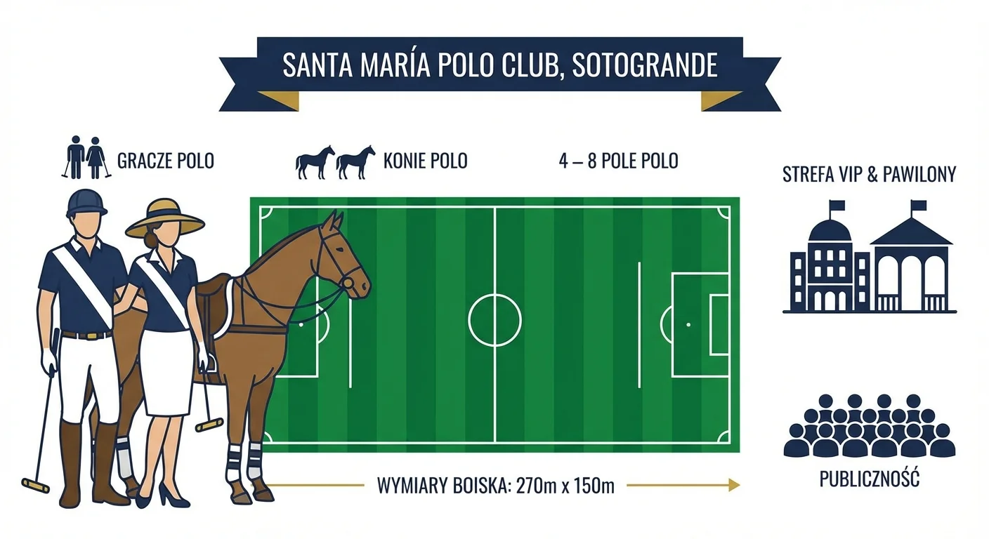 Elegancka para w strojach do polo, stojąca obok swoich koni na tle pola polo Santa María Polo Club w Sotogrande, z publicznością i luksusowymi pawilonami w tle.