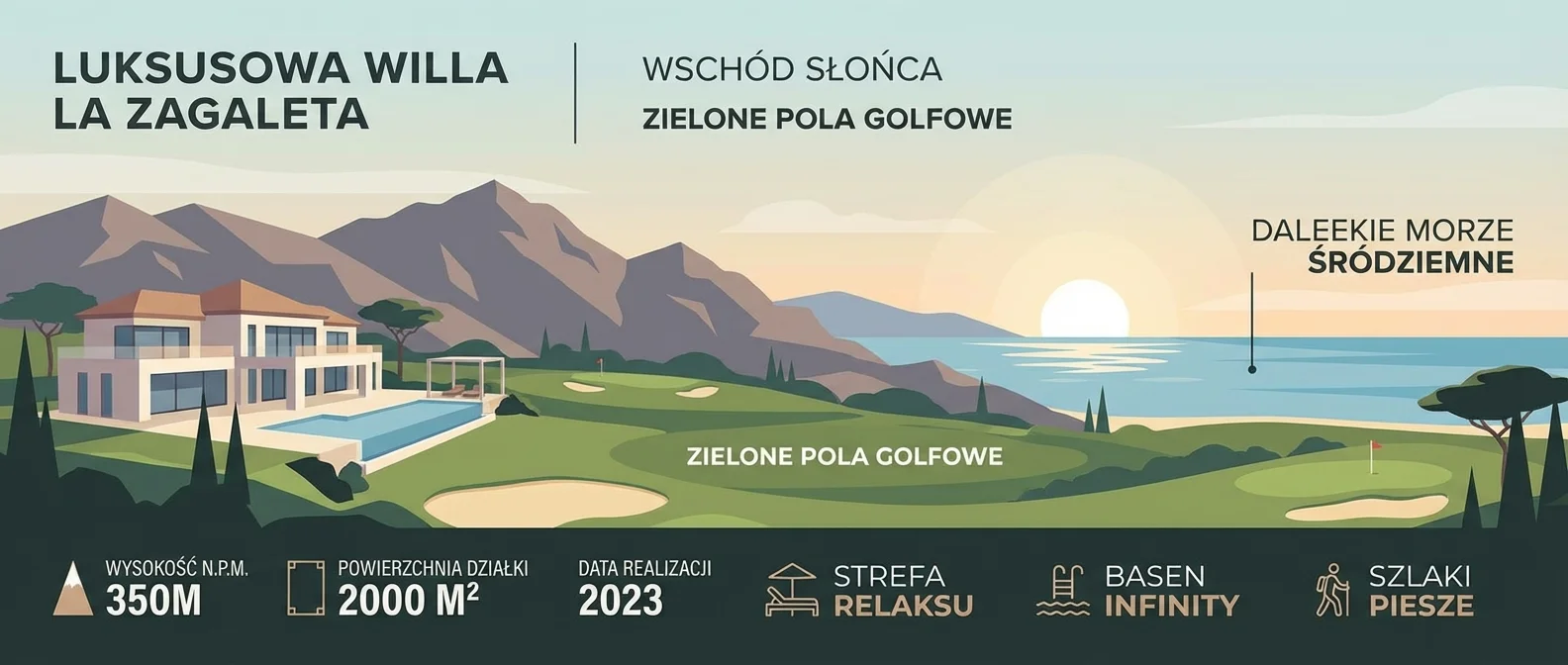 Panoramiczny widok na luksusową willę w La Zagaleta o wschodzie słońca, z widokiem na zielone pola golfowe i dalekie Morze Śródziemne.