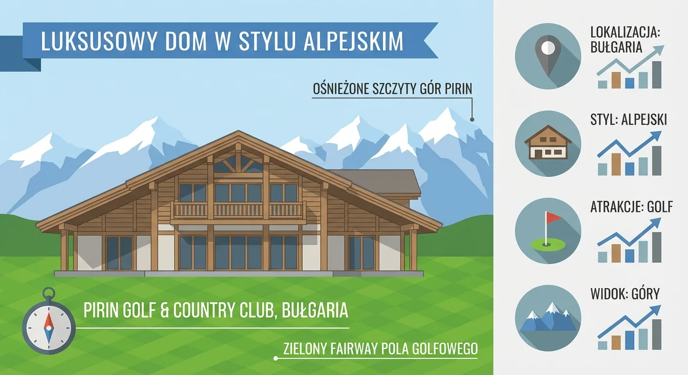 Luksusowy dom w stylu alpejskim na terenie Pirin Golf & Country Club w Bułgarii, z tłem ośnieżonych szczytów gór Pirin i zielonym fairwayem pola golfowego na pierwszym planie.