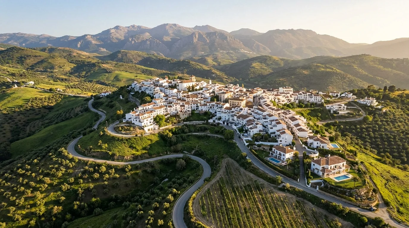 Widok z drona na białe miasteczko w Andaluzji, położone na wzgórzu pośród gajów oliwnych i gór Sierra de las Nieves.