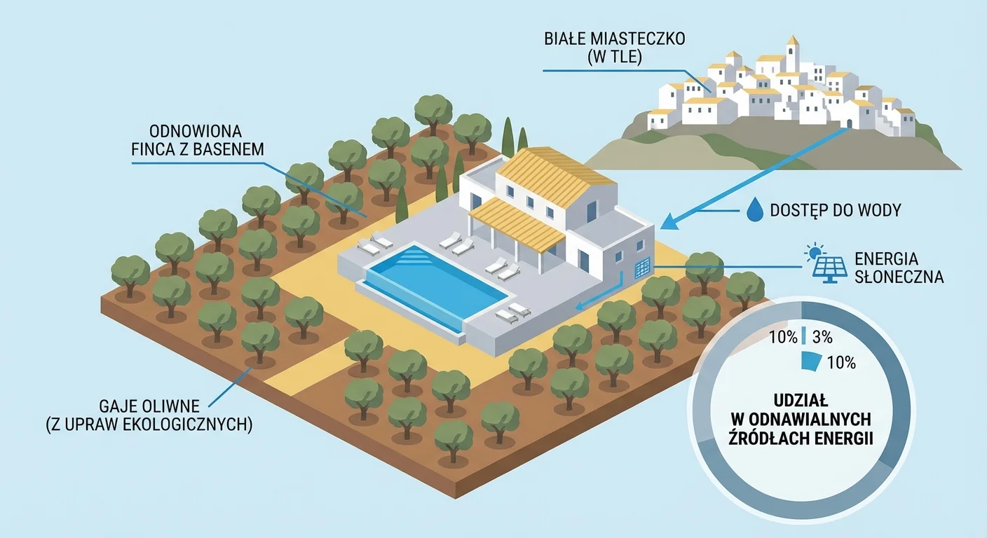 A stunning aerial view of a luxurious, restored finca with a modern infinity pool, surrounded by olive groves, with a pueblo blanco visible in the background on a hill.