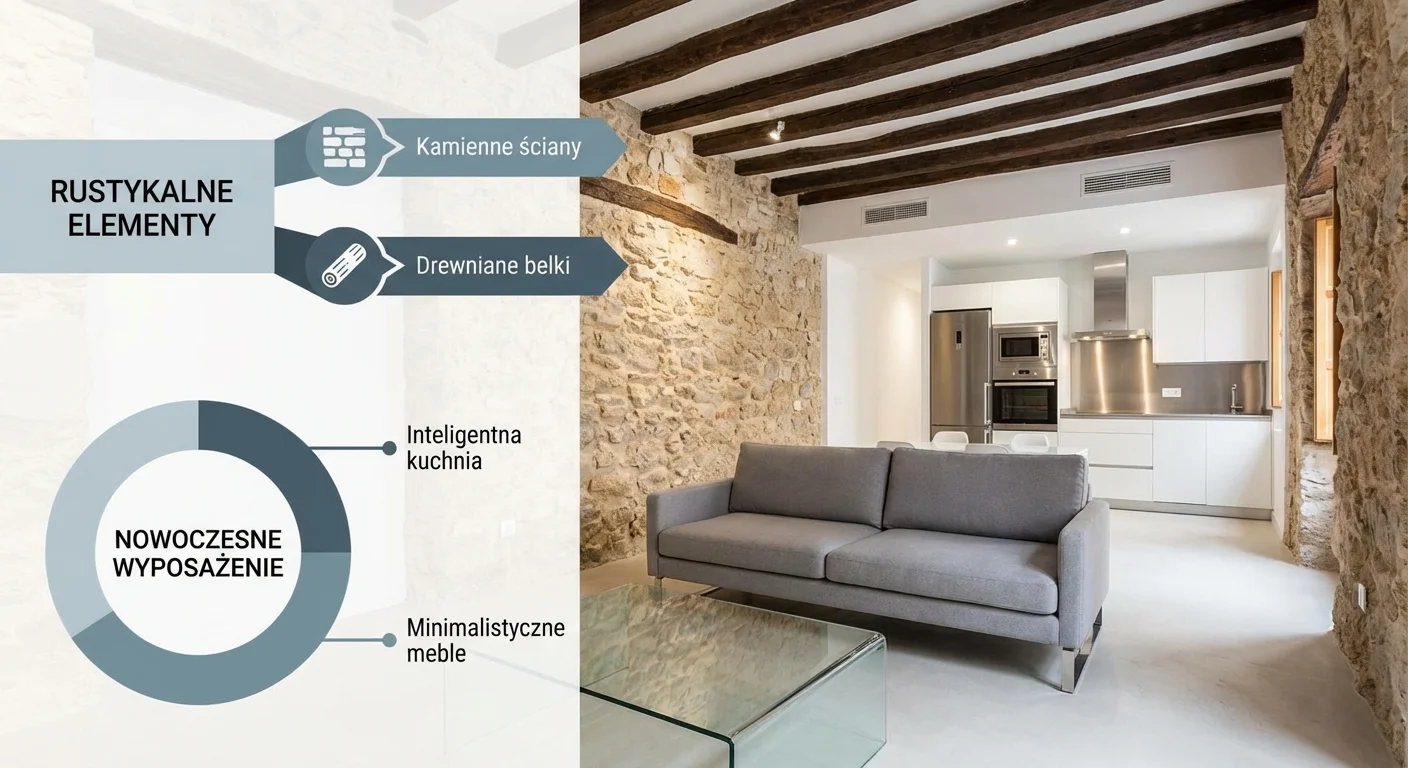 An interior shot of a beautifully restored pueblo blanco home, showing a blend of rustic elements like exposed stone walls and wooden beams with modern, minimalist furniture and a state-of-the-art kitchen.