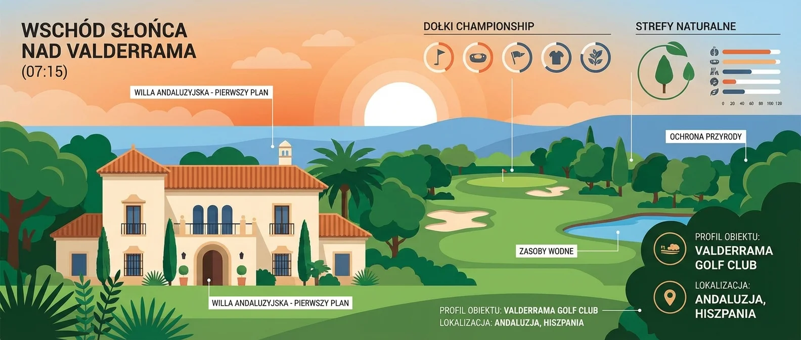 Panoramiczny widok na pole golfowe Valderrama o wschodzie słońca, z willą w stylu andaluzyjskim na pierwszym planie, otoczoną bujną zielenią.