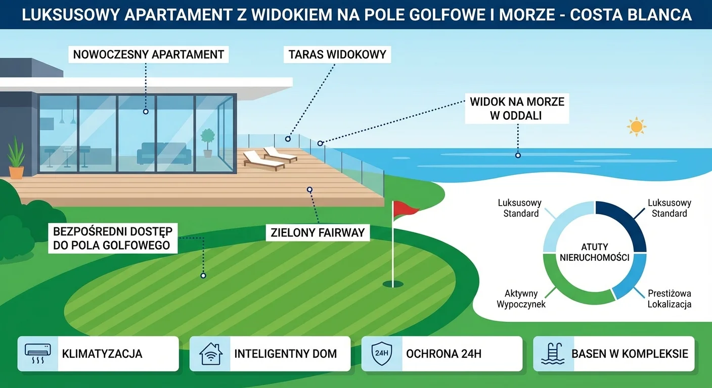 Nowoczesny, luksusowy apartament z tarasem wychodzącym bezpośrednio na zielony fairway pola golfowego na Costa Blanca, z widokiem na morze w oddali.