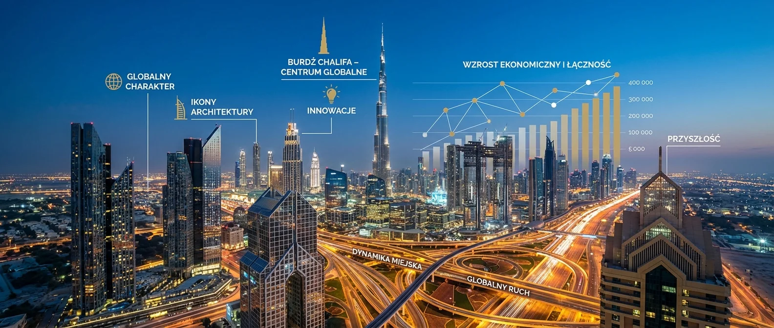 Panoramiczne zdjęcie nocnej panoramy Dubaju z oświetlonymi drapaczami chmur, takimi jak Burdż Chalifa, i tętniącymi życiem ulicami, symbolizujące dynamizm i globalny charakter miasta.