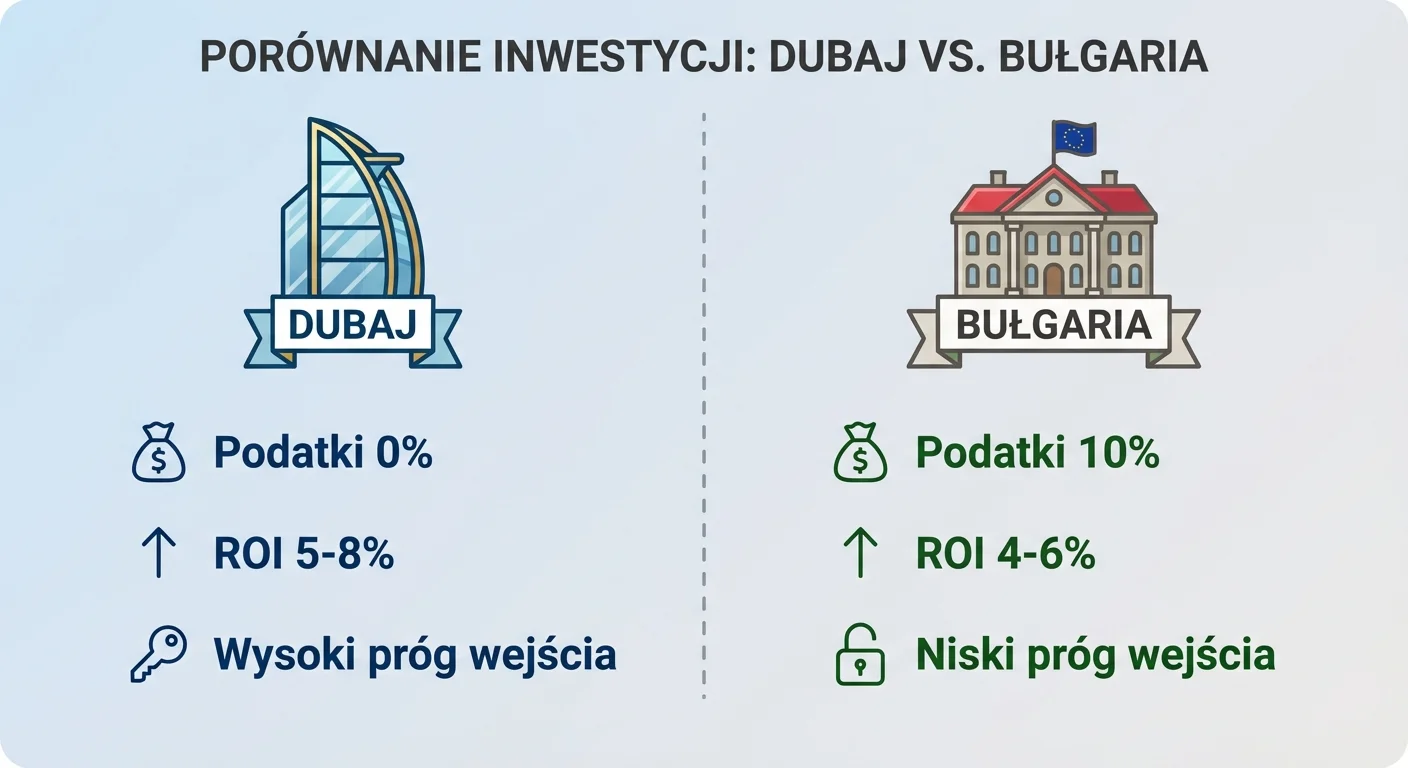 Infografika porównująca Dubaj i Bułgarię. Po lewej stronie ikona wieżowca z napisem Dubaj, pod nią: Podatki 0%, ROI 5-8%, Wysoki próg wejścia. Po prawej stronie ikona klasycznego europejskiego budynku z flagą UE z napisem Bułgaria, pod nią: Podatki 10%, ROI 4-6%, Niski próg wejścia.