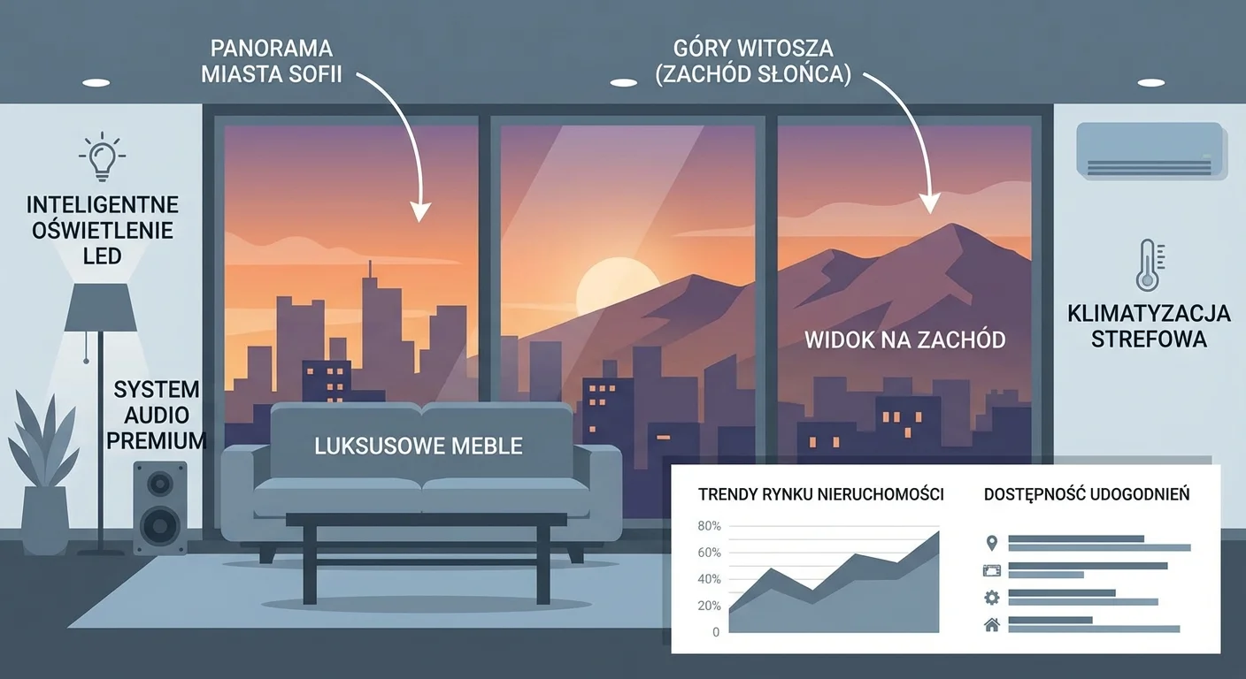 Eleganckie, nowoczesne wnętrze luksusowego apartamentu w Sofii z widokiem na panoramę miasta i góry Witosza o zachodzie słońca.