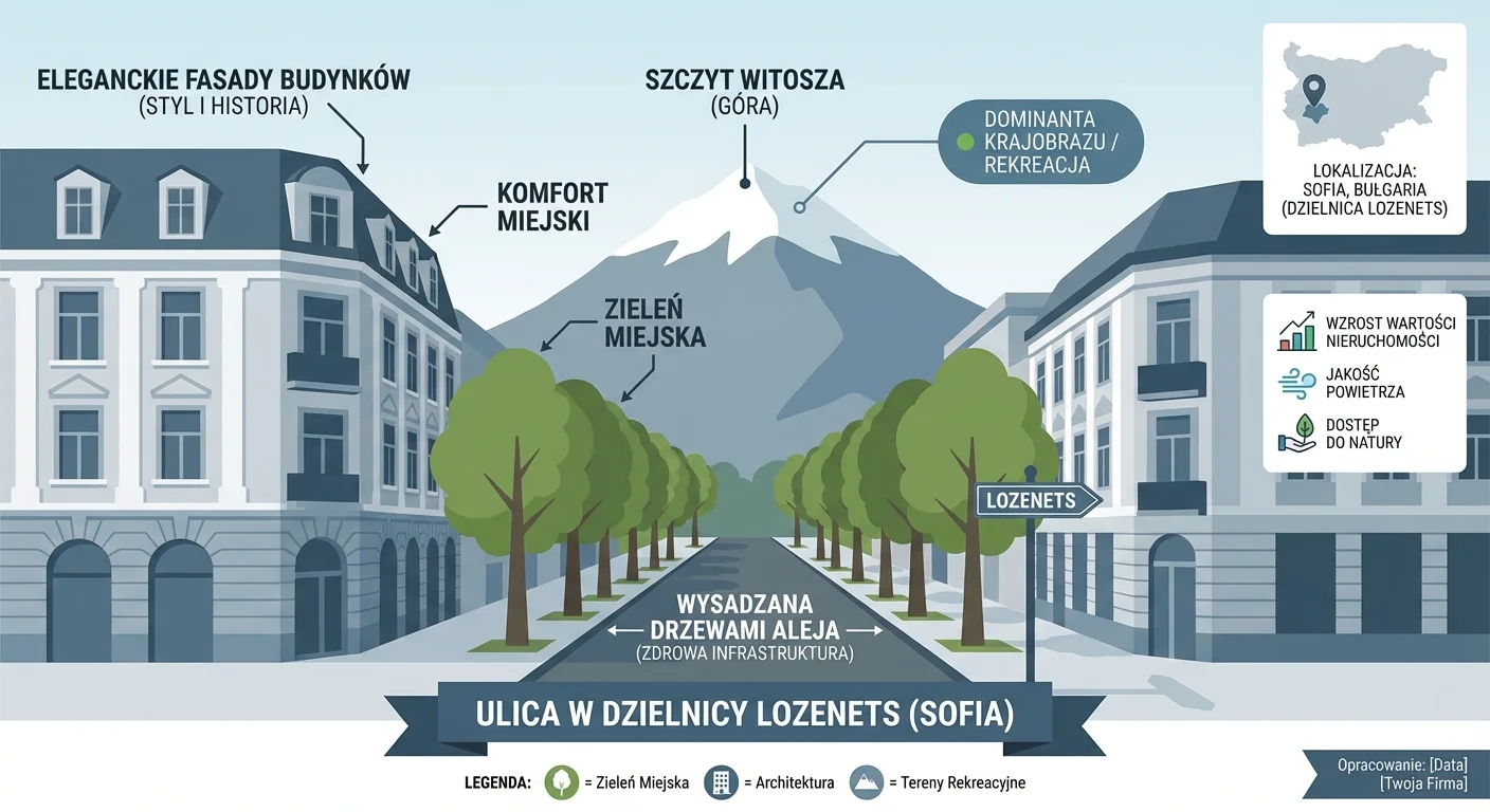 Urokliwa, wysadzana drzewami ulica w dzielnicy Lozenets w Sofii, z widocznymi eleganckimi fasadami budynków i szczytem góry Witosza w tle.