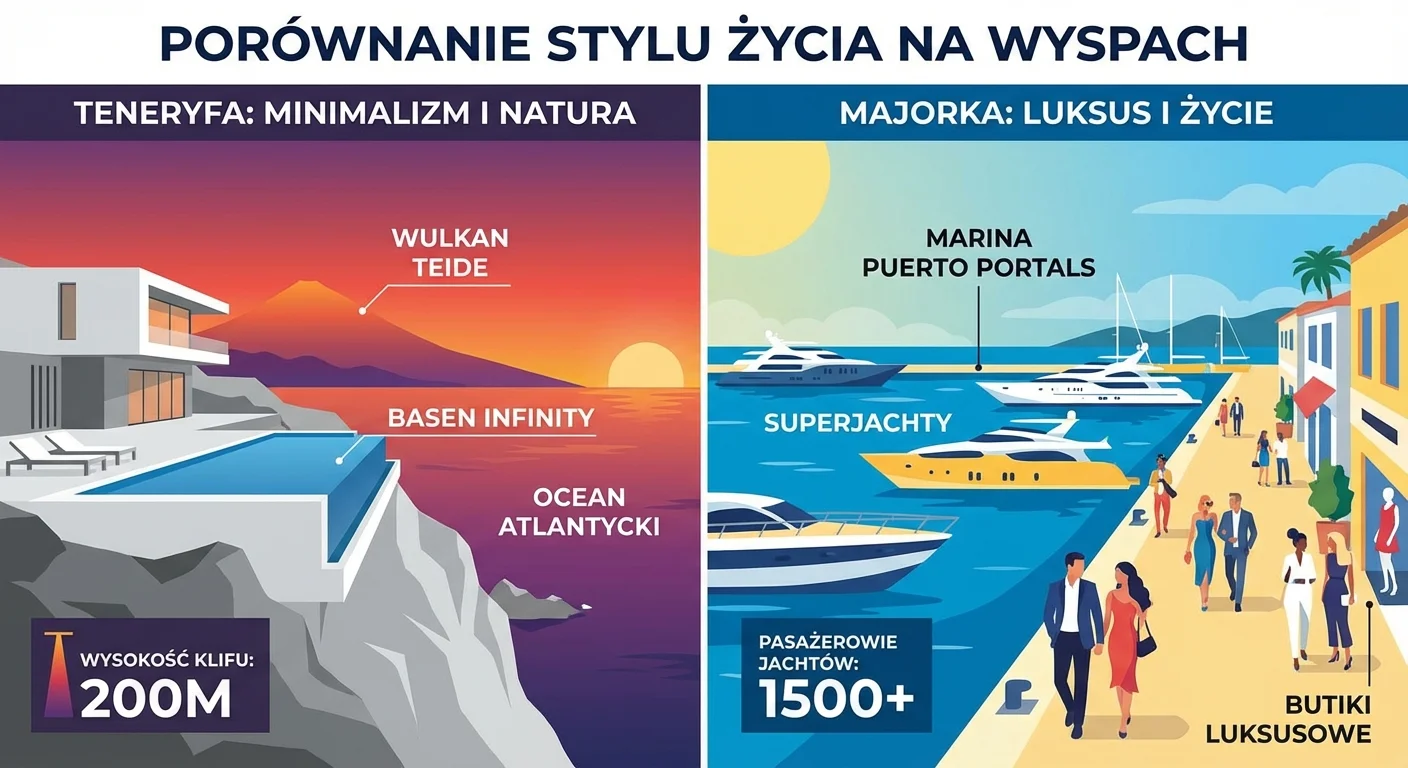 Kolaż dwóch zdjęć. Po lewej, minimalistyczna willa z basenem infinity na klifie na Teneryfie, z widokiem na ocean i wulkan Teide w tle o zachodzie słońca. Po prawej, tętniąca życiem scena w luksusowej marinie Puerto Portals na Majorce, z superjachtami, elegancko ubranymi ludźmi i butikami w tle w słoneczny letni dzień.