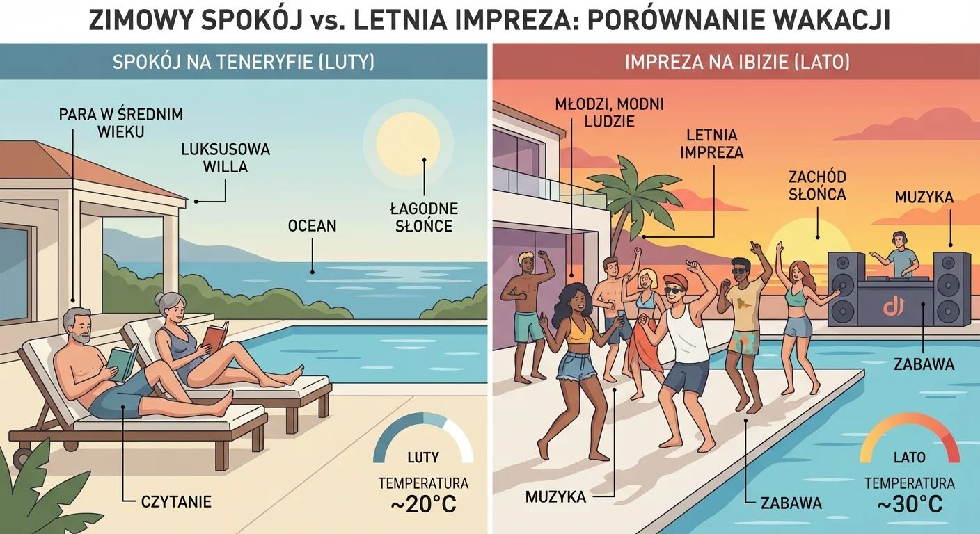 Dwa obrazy obok siebie. Po lewej, spokojna scena: para w średnim wieku czyta książki przy basenie luksusowej willi na Teneryfie w lutym, w tle ocean i łagodne słońce. Po prawej, dynamiczna scena: grupa młodych, modnych ludzi bawi się przy basenie willi na Ibizie podczas letniej imprezy, w tle zachód słońca i muzyka.
